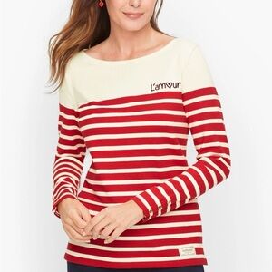 Talbots  "Authentic" Cotton Red Cream Striped L'Amour Long Sleeve Boat Neck Tee